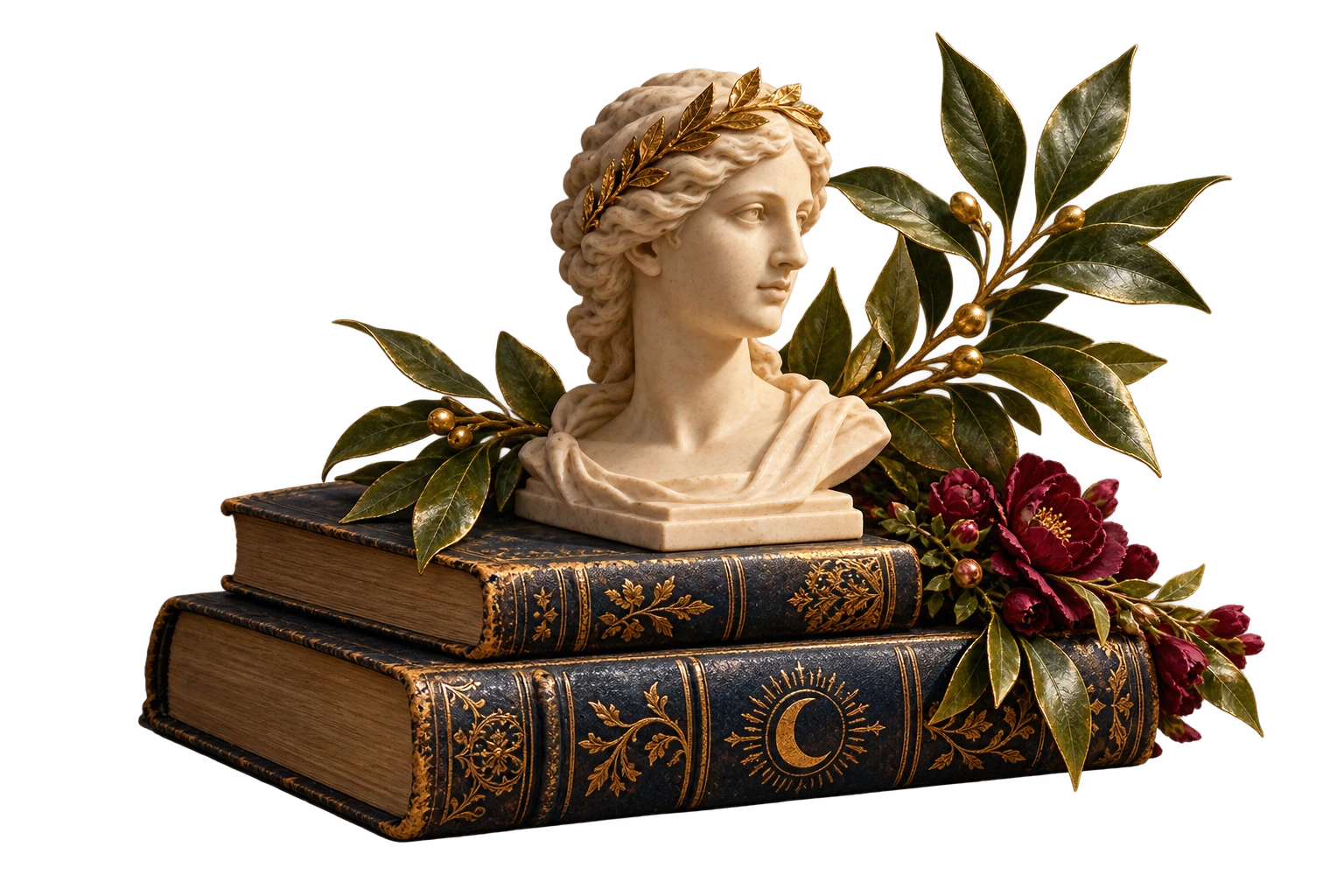 Busto romano su libri indigo, simbolo delle consulenze in presenza a Roma