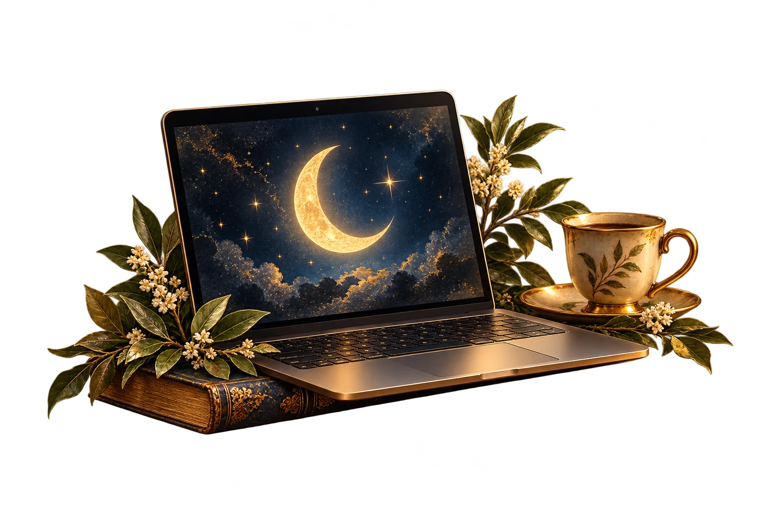 Computer indigo con luna e tazza, simbolo delle consulenze in videochiamata