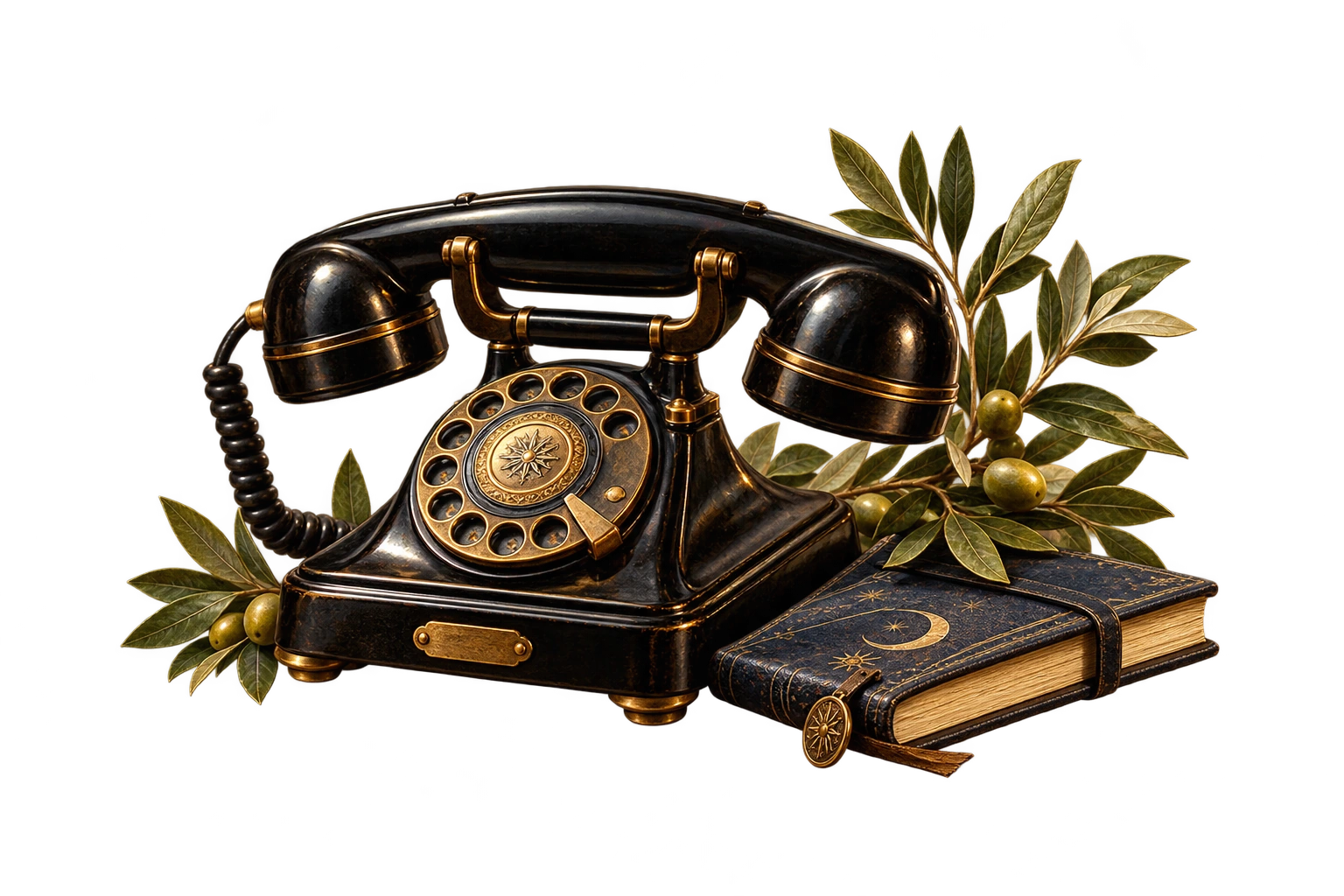 Telefono con carnet e ramo d’olivo, simbolo dei consulti telefonici